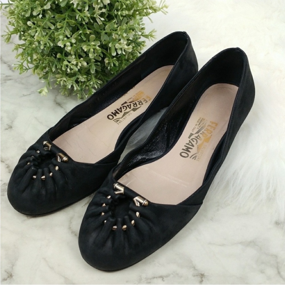 Salvatore Ferragamo suede Gancini logo Ballet flats black quiet luxury